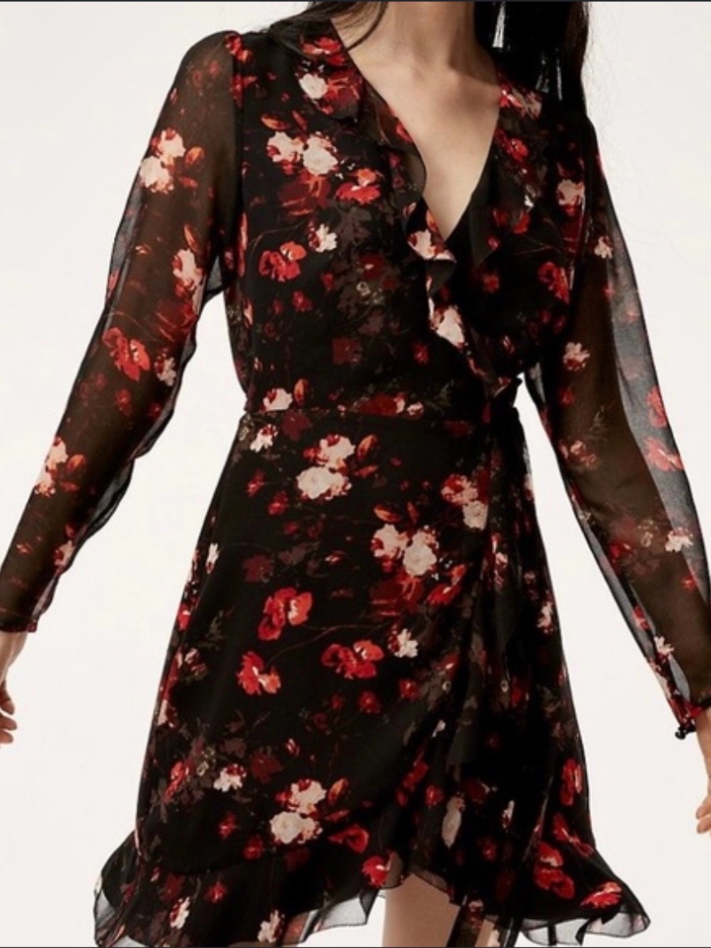 Aritzia Black Floral Wrap Dress with Red & Cream Blooms